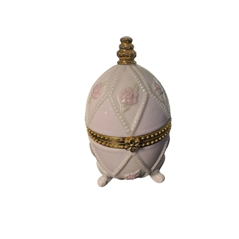 Vintage Porcelain Egg Trinket Box Floral Gold‎ Trim Hinged